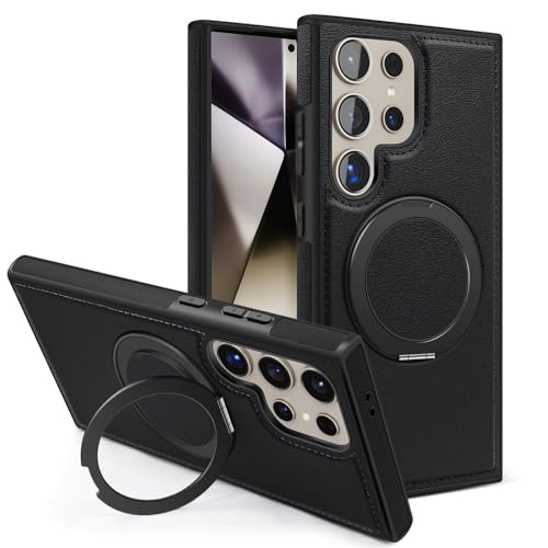 Image of Bumper Case with Kickstand for Samsung Galaxy S-Series Ultra Case Compatible with Wireless Charging | Luxury Aluminum Armor (Ring Leather-Black, Samsung Galaxy S25 Ultra)