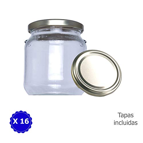Tarros de Cristal con Tapa para chuches conservas pastas legumbres Miel Yogur conservas Frascos hermeticos de 580 ml con Tapa de Rosca Cerrado hermético almacenar Alimentos (16 Unidades)