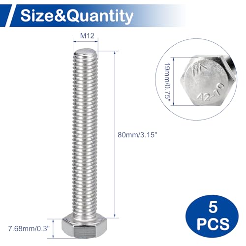 Image of MroMax 5Pcs M12-1.75 Hex Bolts, M12 x 80mm Hex Head Screws Bolts, 304 Stainless Steel 18-8, Fully Threaded, External Hex Drive, for Mounting Chair, Rail, Wheels, Boat and Plastic Bumpers