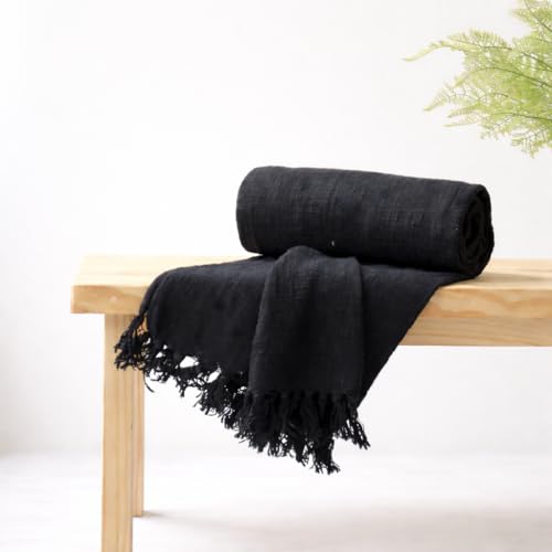 Image of Cotton Black Tasseled Throw Blanket | Sofa Throw 50x60 Inch, 127x 152 cm | Reversible, Breathable and Lightweight (Pack of 1)
