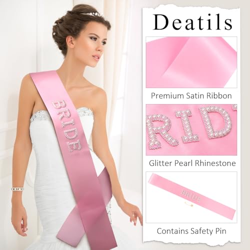Pink Satin Bride Sash with White Pearl Letters - Bachelorette Party, Bridal Shower & Wedding4