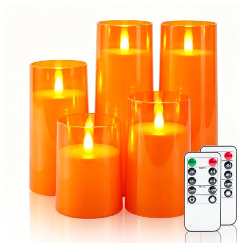 Image of Homemory Orange Flameless Candles Realistic Flickering with Remote for Fall | Halloween Candles Battery Operated with Timer, LED Fake Electric Pillar Candles for Home, Holiday Decor, Set of 5