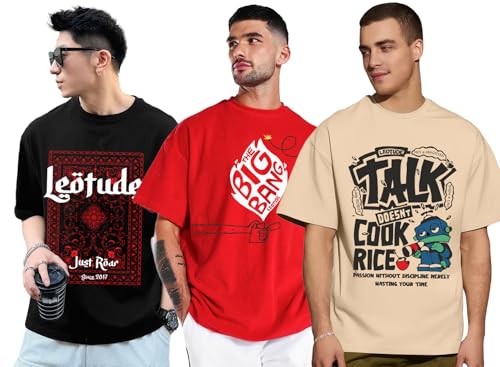 Image of LEOTUDE Men's Cotton Trendy Oversized Round Neck Printed T-Shirt Combo (Pack of 3)