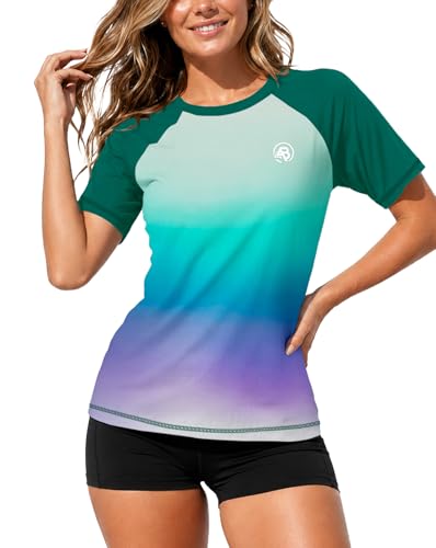 Image of AOBUTE Women Short Sleeve Rash Guard Gradient Sun Protection Swim Shirts