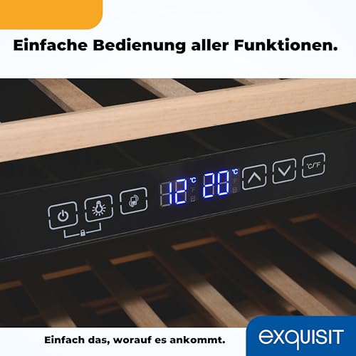 Exquisit Weinkühlschrank 2 Zonen, Platz für 45 Flaschen, 119 Liter, Umluftventilator, 5 Holzablagen, Digitale Temperaturanzeige, WS2-45-GTE-160G schwarz