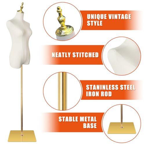 Female Mannequin Torso, Dress Form for Sewing 55-71Inch Height Adjustable Women Model, Mannequin Body High Stability Gold Metal Stand for Clothing Dress Jewelry Display - Thumbnail 3