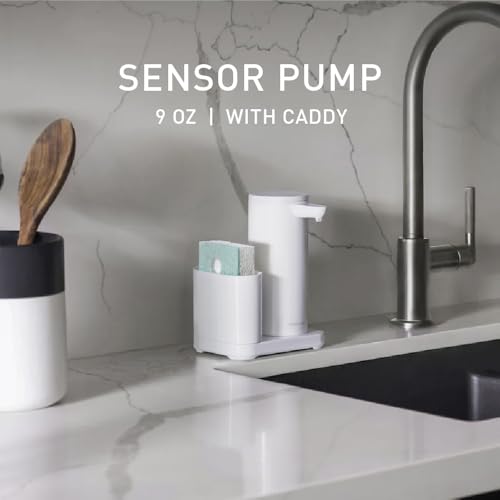 Image of simplehuman Liquid Sensor Pump with Caddy, 9 oz Automatic Soap Dispenser for Kitchen and Bathroom, Touchless Motion Sensor, Variable Dispense, Rechargeable, High-Grade White Steel