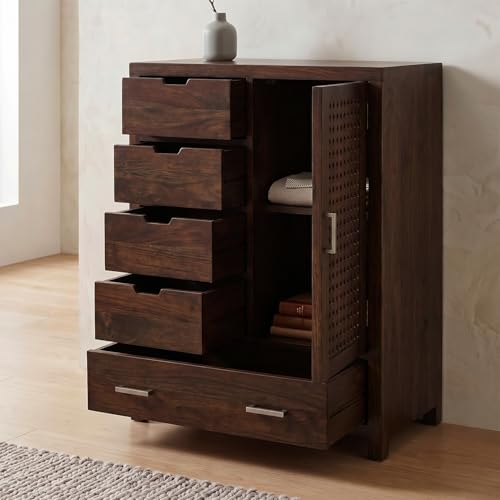 Image of Amazon Brand - Solimo Solid Sheesham Wood Truva Sideboard Cabinet with 5 Drawers & 1-Door Storage | Storage Cabinet for Living Room, Kitchen & Bedroom Organizer Chest of Drawers (Walnut Finish)