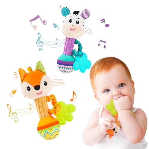 Image of Baby rattles 0-6 months, Set of 2 rattles for babies 0-6 months, Soft Stuffed Animal Rattle Hand Grip Baby Toys, baby rattle Shaker Crinkle Squeaky Sensory Travel Accessories for 0 3 6 9 12 Months old