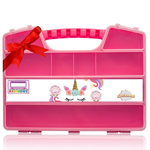 ASH BRAND Pearl and Unicorn Storage Case Box Container with Dividers and Handle | No-Spill Latches
