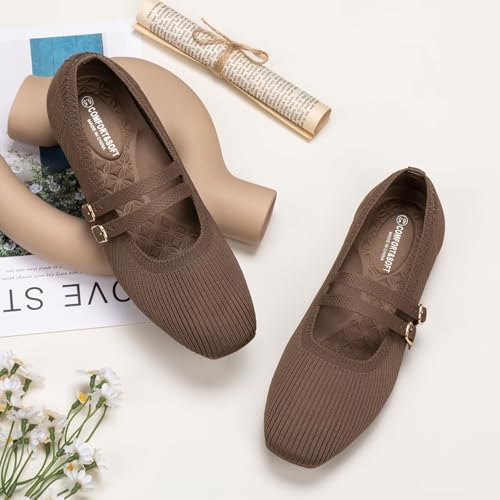 Image of Frank Mully Women's Flats Square Toe Mary Jane Shoes Ballet Flats with Strap Comfortable Slip On Knit Shoes Dressy Casual