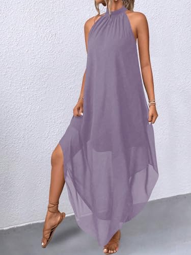 Image of Verdusa Women's Wedding Guest Dress Halter Flowy Chiffon Long Dresses | Cocktail Dress, Asymmetrical Dress for Women, Sleeveless, Prom Dress, Cruise Outfits, Boho