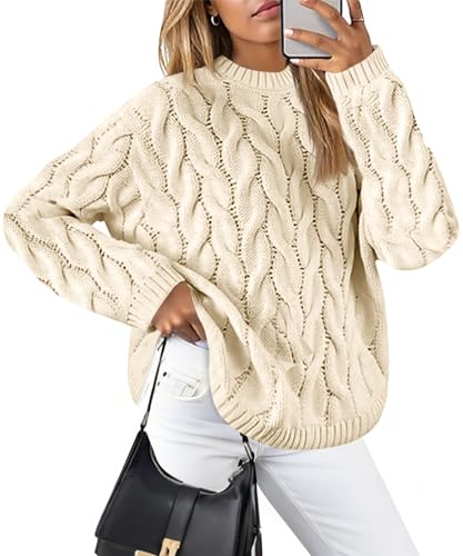 Cicy Bell Womens Oversized Cable Knit Sweaters Long Sleeve Crewneck Chunky Loose Fit Pullover Tops