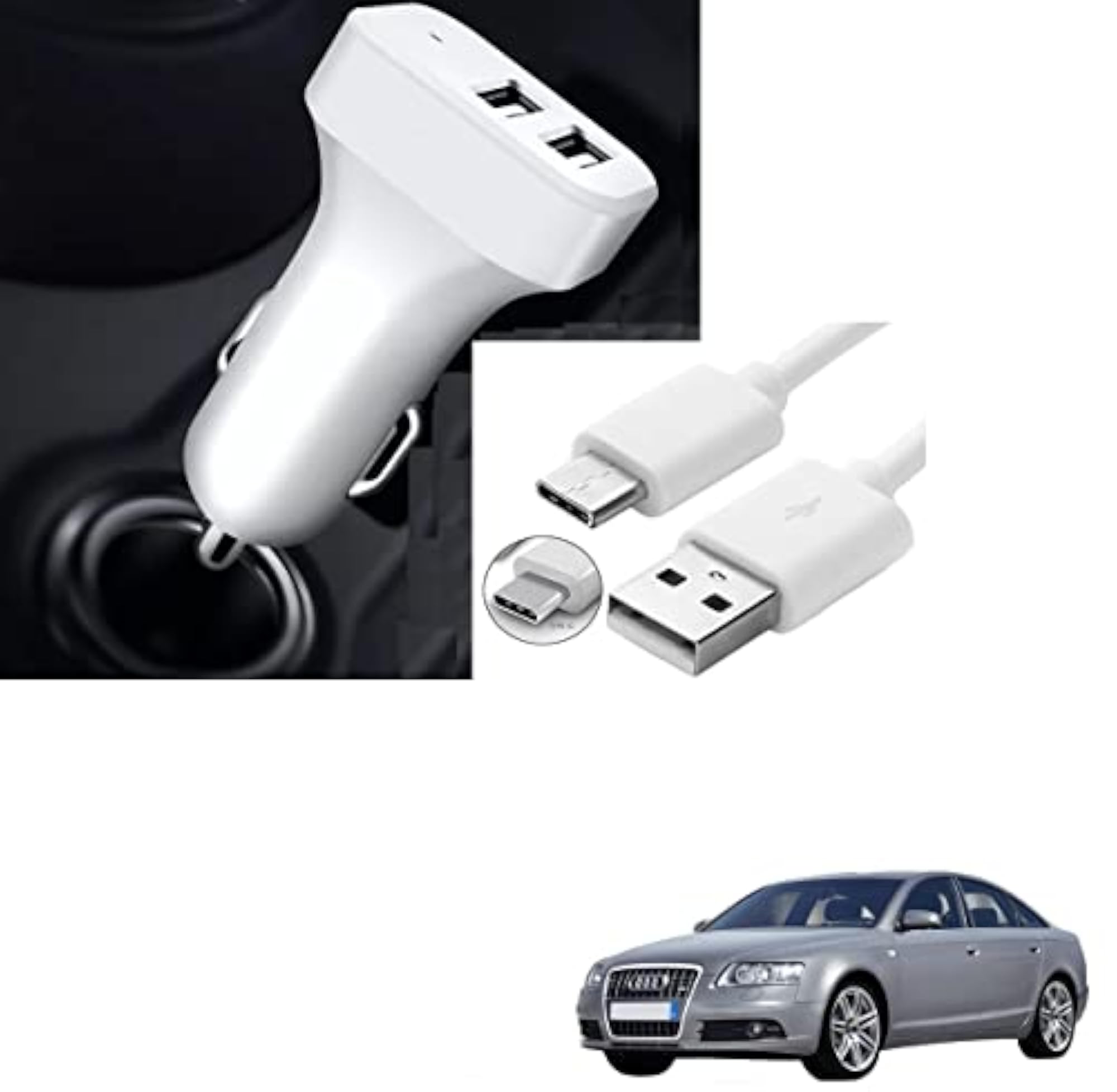 5.1 Amp 2 USB Fast Car Charger with C-Type Cable for Audi A6