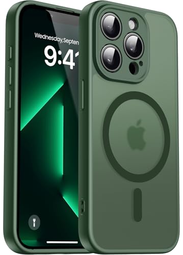 Natiiozie Magnetisch Kompatibel mit iPhone 13 Pro Hülle Kompatibel mit MagSafe Kameraschutz FallSchutz Handyhülle Stoßfest Kratzfest Schutzhülle Transluzente Matt Rückseite 6.1 Zoll Case Dunkelgrün