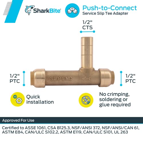 SharkBite 1/2 Inch x 1/2 inch x 1/2 Inch CTS Service Slip Tee Adapter, Push to Connect Brass Plumbing Fitting, U4482LFA by SharkBite - Image 3
