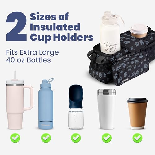 Image of Dog Stroller Caddy Organizer with Poop Bag Dispenser, Treat Pocket, Water Bowl - Dog Stroller Accessories with Insulated Cup Holders, Pet Storage & Non-Slip Fit for 14 inch-19 inch Wide Handlebars - Paws
