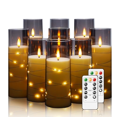 Image of Nimiko Flickering Flameless LED Candles, 9 Pcs with Embedded Star String, Acrylic LED Pillar Candles with Remote, Suitable for Home Decoration (Grey)