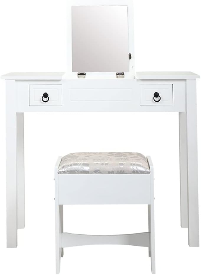 Dresser with Flip Mirror Makeup Dresser with 2 Drawers 3 Storage Organizer Dividers Upholstered Stool White