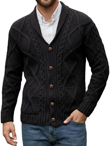 Comdecevis Mens Shawl Collar Cardigan Sweater Cable Knit Button Down Long Sleeve Casual Knitwear with Pockets