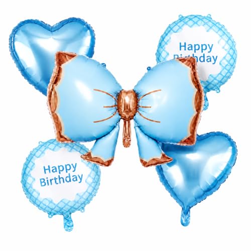 Image of Propsicle Bow Foil Balloons for Birthday Decoration Blue Boys | Bow theme foil balloon set for kids birthday party with star and round balloons