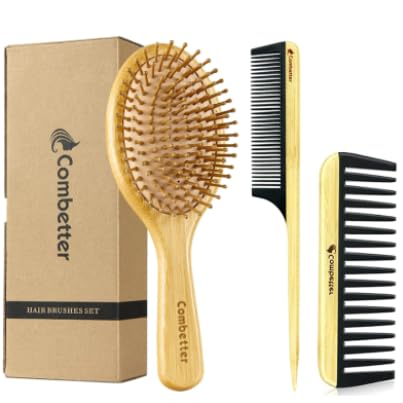 Bamboo Hair Brush and Comb Set Massage Scalp Detangling Hairbrush for Hair Growth Bakelite Durable Anti Static Wide-Tooth Comb & Rat Tail Comb for Women Men Kid
