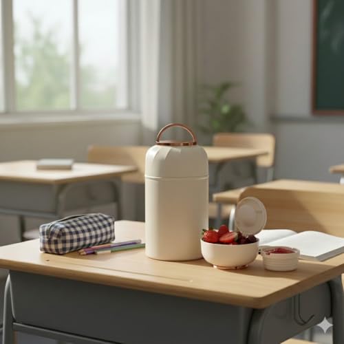 Image of Insulated Lunch Box 500ml Stainless Steel | Thermal Food Flask & Food Jar with Folding Spoon | Leakproof Tiffin Box for Office, School, Travel | Hot & Cold Food Container (White With Golden Handle)