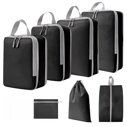 Expanding Travel Packing Organizers GENHY Compression Cubes for Luggage Space Saving (7 Set Black)