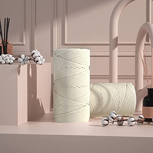 Image of ZUEXT Macrame Cord, Beige White, 5mm x 109yds Cotton String Macrame Yarn | 100% Natural Handmade, 4 Strands Twisted Cotton Rope, For Wall Hanging Plant Hangers Gift Wrapping Tapestry DIY Crafts, 100m