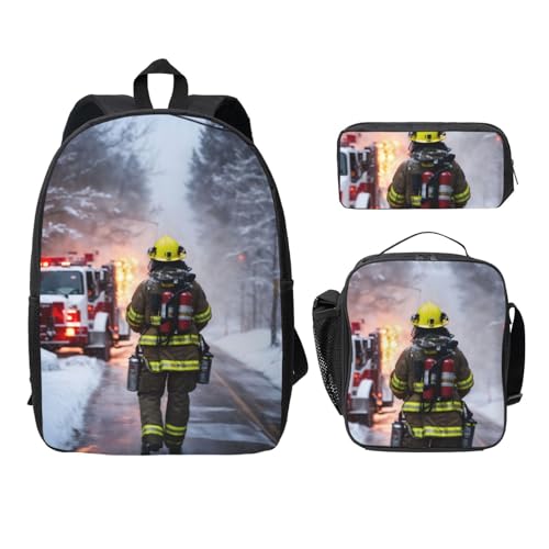 Sac à dos pompier 3 pièces avec boîte à déjeuner et trousse noire de taille unique