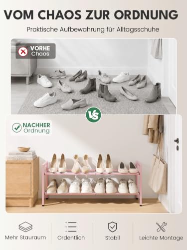 Image of Bumusty 2-Tier Expandable Shoe Rack for Closet, 18 inch-33 inch Adjustable Shoe Rack for Small Space, Small Shoe Organizer for Front Door, Sturdy Metal, Pink