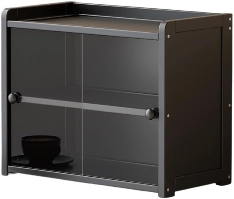 両開きのカウンタートップ収納キャビネット。ミニマルでモダンなデザイン。防塵性とお手入れのしやすさを兼ね備え コーヒーカップ ティーセット 調味料ボトルの収納に最適です。 (35*20*33cm,ブラック)