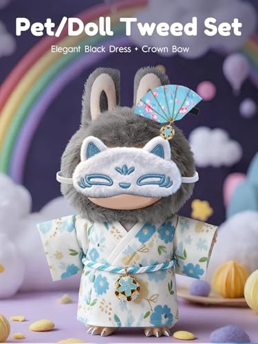 Image of Clothes for LABUBU 6.7inch (17cm) Doll, Cute Outfit Small Dress and Hairpin, Dress Up, Accessories (No Doll) (Blue Kimono)