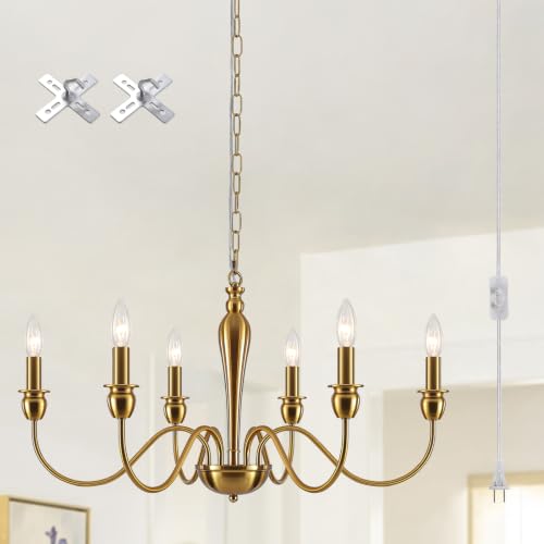 Image of ETONIMERR 6 Lights Plug in Chandelier Gold Plug in Hanging Light Fixture
