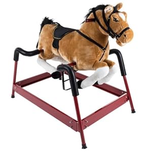 Spring Rocking Horse Plush Ride on Toy with Adjustable Foot Stirrups and Sounds for Toddlers to 5 Years Old by Happy Trails – Brown
