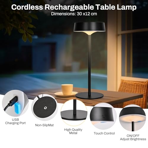 Cordless Solar Table Lamps Set of 2, 3CCT Dimmable Rechargeable Table Lamp, IP67 LED Outdoor Battery Table Lamp with Solar and Type-C Charging, Cordless Lamp for Garden, Bedroom