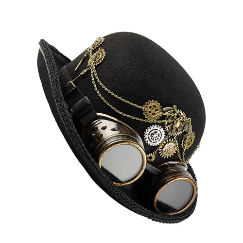 Chapeau haut-de-forme punk en laine noir avec lunettes steampunk