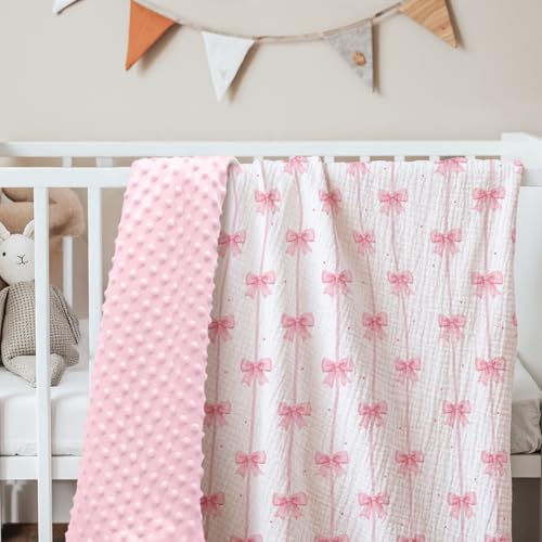 Image of SANDJEST Pink Bow Minky Muslin & Dotted Blanket 30x40 in Gift for Holiday, Gender Reveal Party, Hospital Visit, Baptism