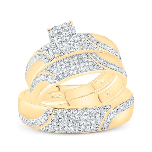 Jewels By Lux 10kt Yellow Gold His & Hers 5/8 Cttw Diamond Emerald Bridal Wedding Ring Band Set, Women Size: 5-9, Men Size: 8-12
