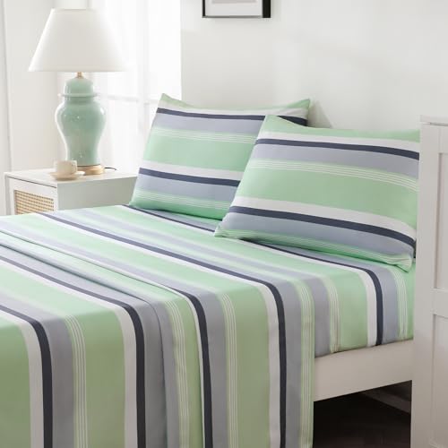 Image of MCO 4Pieces Striped Sheets Set, Breathable King Sheet Set with 16 inch Deep Pocket,Modern & Luxury, Brushed Microfiber Bedding Set(King, Green Gray)