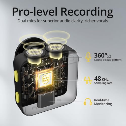 Image of GADGETSWEAR Q9 Dual Wireless Lavalier Microphone with LED Display Case, Noise Cancelling Lapel Microphone for YouTube, Vlogging, Recording, Plug & Play for iPhone, Android (Black)