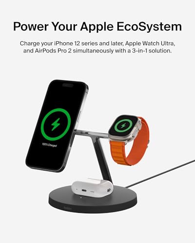 Image of Belkin MagSafe Charger, 3-in-1 Wireless Charging Stand, 2ND GEN, 33% Faster for Apple Watch, iPhone 16, iPhone 15, iPhone 14 Series, AirPods - MagSafe Charging Station for Multiple Devices - Black