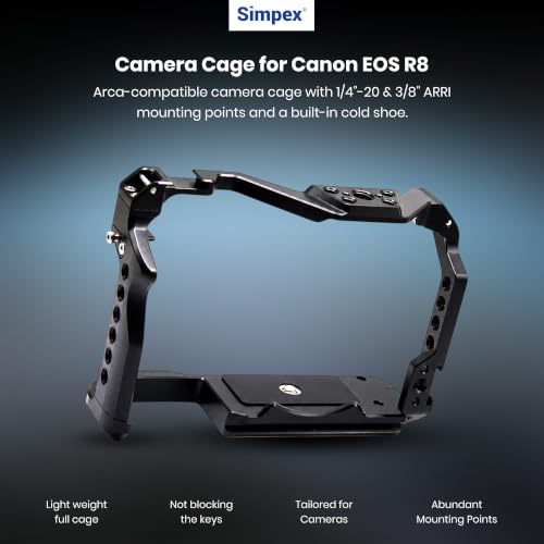 Image of Simpex Metal cage for EOS R8 Built-in Quick Release Plate for arca-Type with 1 /4 Threaded Holes, 3 /8″ locating Holes for arri, Included Cold Shoe
