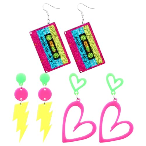 3 Pairs 80s 90s Neon Earrings for Women, Acrylic Retro Heart Tape & Lightning Geometric Dangle Neon Earrings for 80s 90s Disco Theme Party Accessories Glowing Party Jewelry