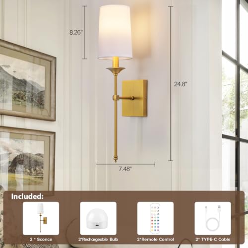 Image of Battery Operated Wall Sconce Set of 2,Cordless Wall Sconce with Dimmable Bulb and Remote,Rechargeable 15 Colors Wall Lamp for Bedroom Living Room Hallway
