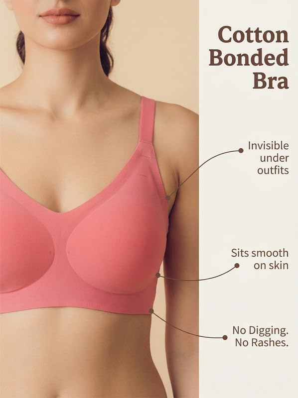 Image of Tweens Cotton Padded Bonded Bra for Women | Full Coverage Wire-Free Bra | Seamless No-Dig Comfort | Breathable Cotton | Elastic-Free Bottom Band & Side Wings | Pack of 1|