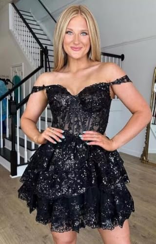 Homecoming Dresses Short for Teens 2025 Off Shoulder Sparkly Lace Tulle Tiered Corset Formal Mini Prom Dress2