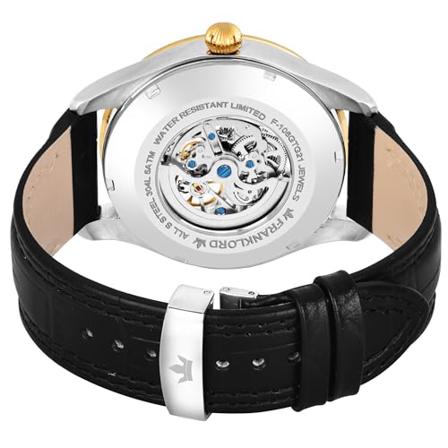 Image of Franklord Self Winder Skeleton Mechanical Automatic Watch For Men | Analog, Round Gold Dial | Black Leather Strap | Premium Luxury Wrist Watch For Men & Boys
