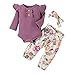 TT- Baby Mädchen Kleidung Set (0-18M) Neugeborenes Babykleidung Outfits Rüschen Langarm Strampler Tops + Blumen Hose + Bogen Stirnband Babyset Kleidung for Herbst und Winter (Lila, 3-6 Months)