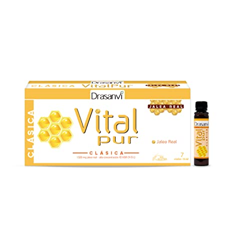 Drasanvi VITALPUR CLÁSICA Jalea Real 10 HDA 4-5 % rica en Nutrientes, Vitaminas, Minerales y Aminoácidos, Para tus Defensas, Dosis 1500 mg/día, Endulzado con Stevia, 7 Viales = 7 Días, Sabor Naranja